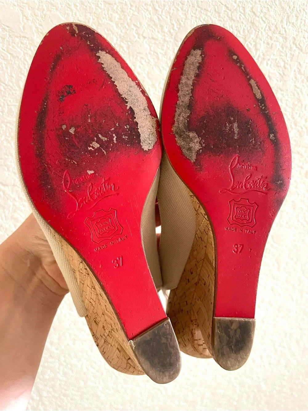 Christian Louboutin Bebe-Fusee Sculptural Canvas Cork Wedge Slingbacks 37
